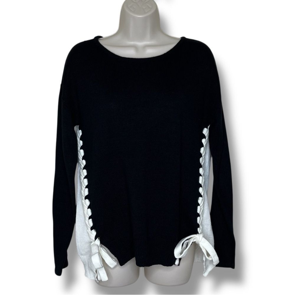 Alison Andrews Cream Black Colorblock Side Tie Sweater Long Sleeve Women Small
